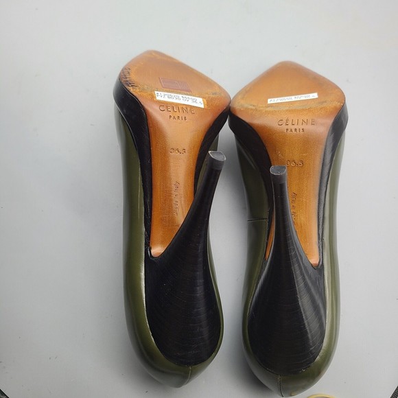 CELINE women heels pumps army green leather pointed toe SIZE US 5.5 EUR 36.5 - Picture 8 of 12